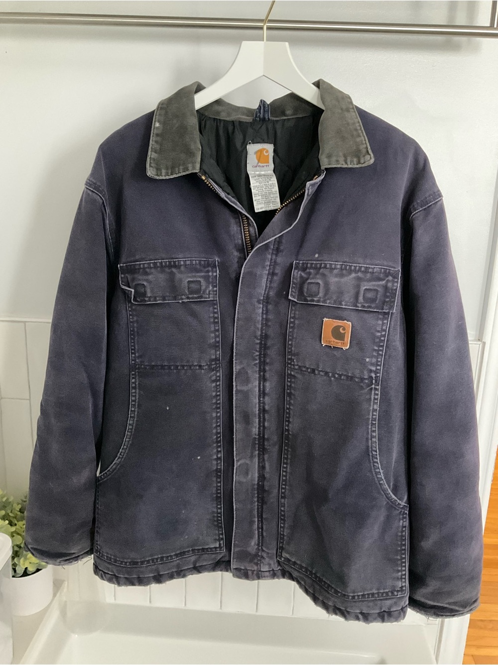 Vintage Carhartt Distressed Chore Jacket Navy Blue Mens Size L C26 MDT
